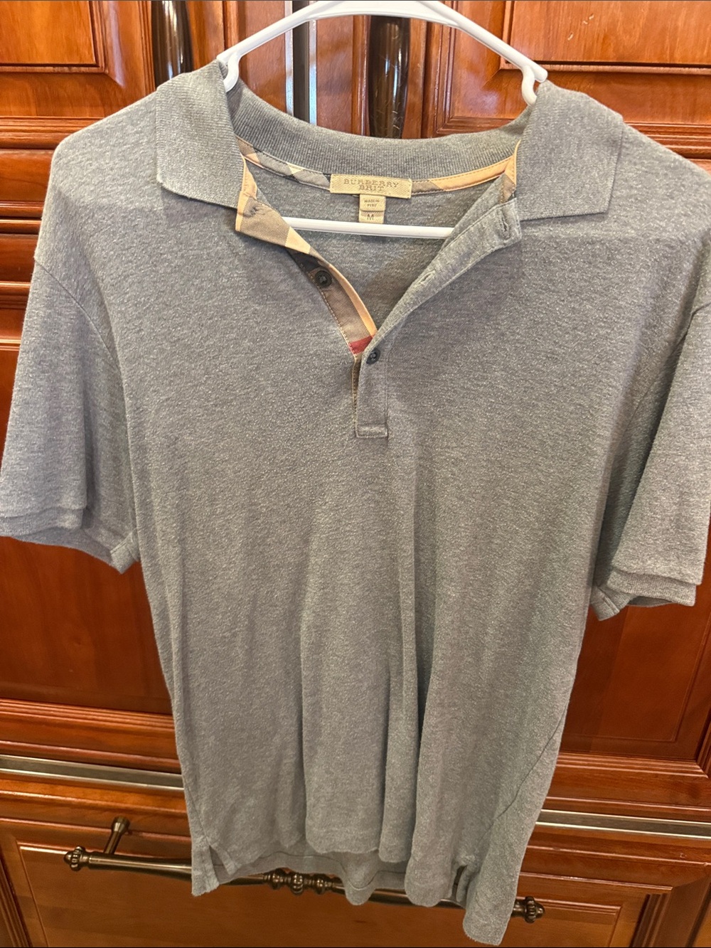 Burberry Men’s Heather Grey Polo with Signature Check Trim